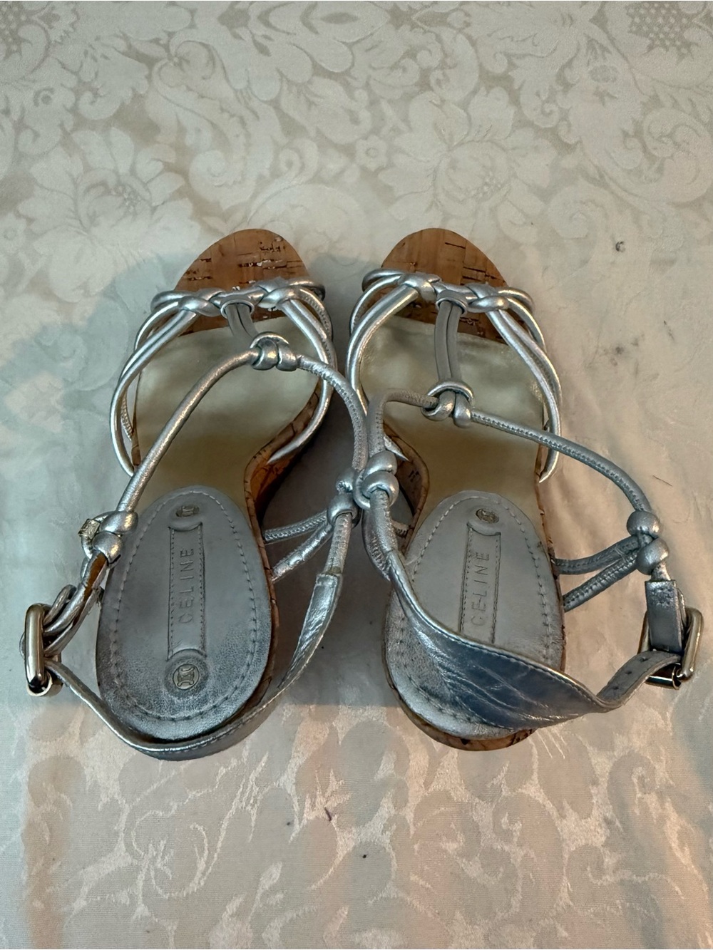 Stunning Celine Silver Metallic Cork Wedge Sandals EU 38 New No Box - Picture 8 of 14